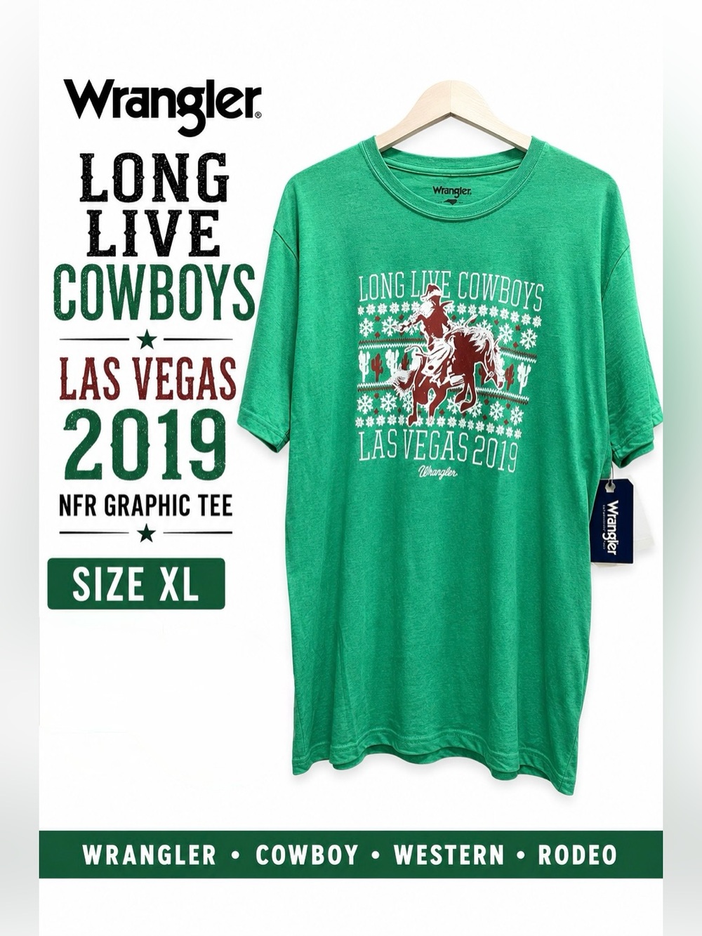 Wrangler NWT Long Live Cowboys Las Vegas 2019 NFR Graphic T-Shirt XL Green - Picture 1 of 8